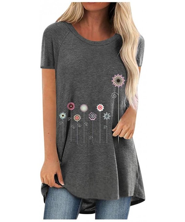 Women's Summer Short Sleeve Round Neck Dandelion Print Casual Loose Graphic T Shirt Tunic Tops - Gray Flower - C5199QSDY8Z $2...