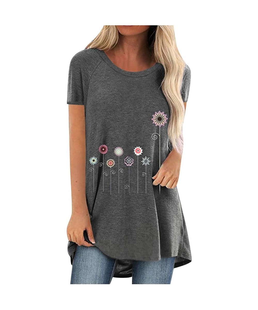 Women's Summer Short Sleeve Round Neck Dandelion Print Casual Loose Graphic T Shirt Tunic Tops - Gray Flower - C5199QSDY8Z $2...