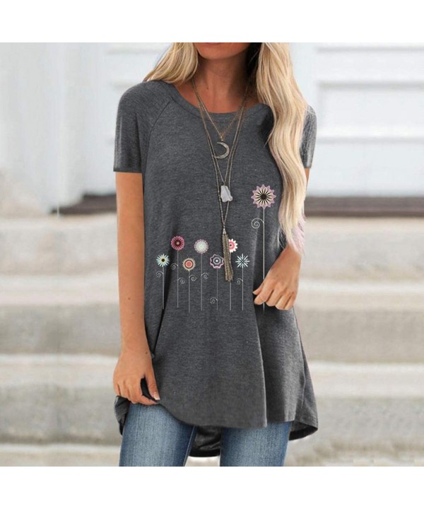 Women's Summer Short Sleeve Round Neck Dandelion Print Casual Loose Graphic T Shirt Tunic Tops - Gray Flower - C5199QSDY8Z $2...