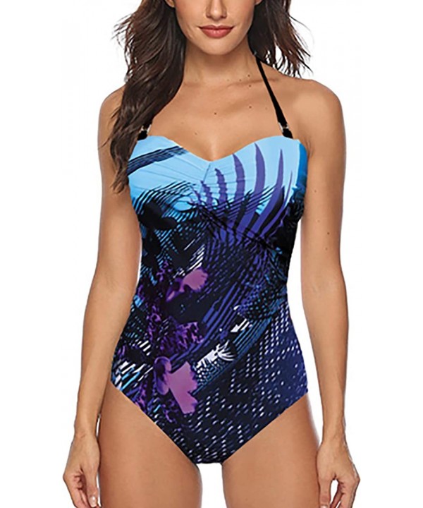 Fashion One Piece Halter Swimsuit Ruffle Deep V Bathing Suit Padded Monokini - F-blue02 - CW18SQ6YWHM $35.59-One-Pieces