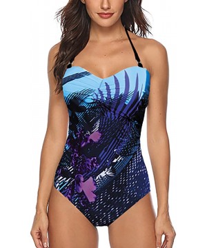 Fashion One Piece Halter Swimsuit Ruffle Deep V Bathing Suit Padded Monokini - F-blue02 - CW18SQ6YWHM $35.59-One-Pieces