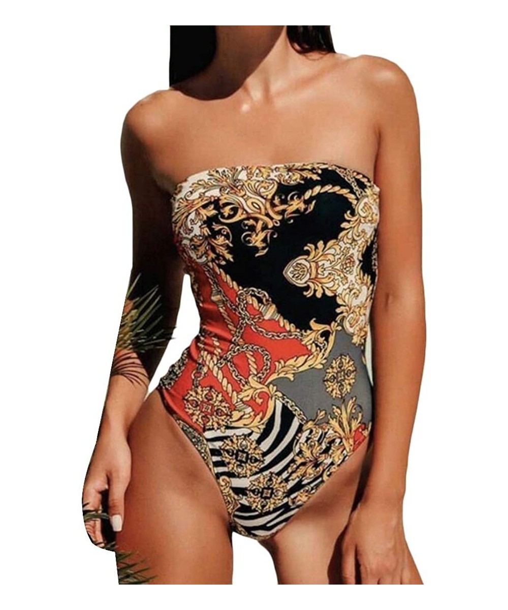 Women's One Piece Print Bathing Suit Strapless Tube Top Swimsuit - 1 - CJ18SYTAQ3U $23.84-One-Pieces