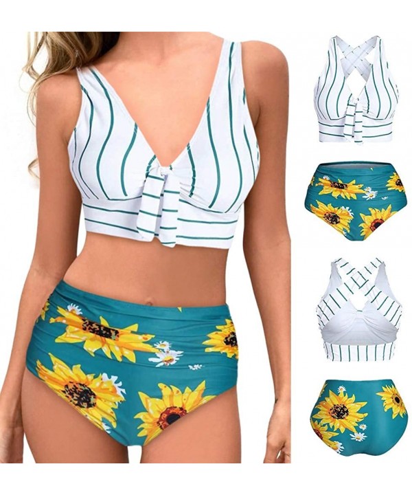 Women's Striped Sunflower Print Push-Up Padded Plus Size Overlay Bikini Swimsuit Beachwear - B White - CE199XHS44M $17.14-Tan...