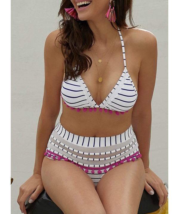 Women High Waist 2 Pieces Bikini Set Pom Pom Trim Swimsuit with Bottom(6 Color-S-XL) - C-blue - C1194M92XC7 $19.32-Sets