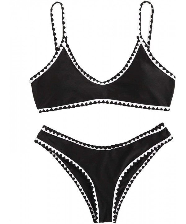 Women's Contrast Binding Tie Back Top with High Cut Throng Bikini Swimsuit - Black - CN193TMAOEH $17.67-Tops