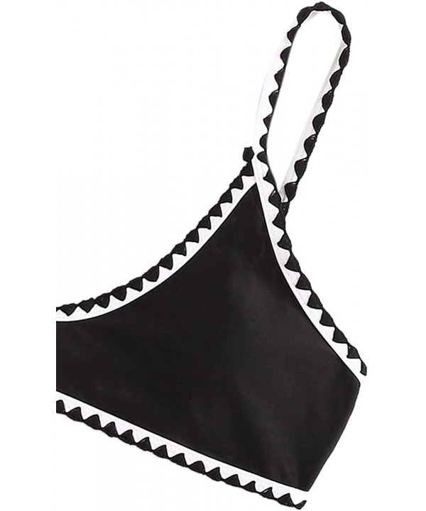 Women's Contrast Binding Tie Back Top with High Cut Throng Bikini Swimsuit - Black - CN193TMAOEH $17.67-Tops