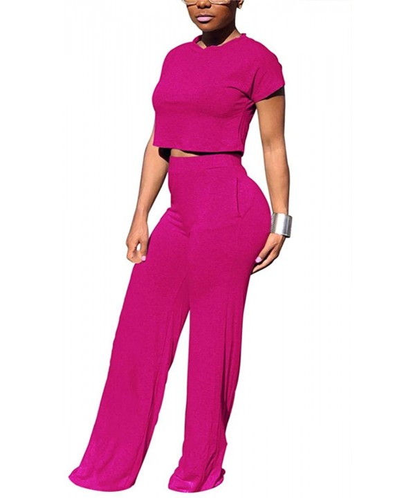 Women's Casual 2 Piece Outfits Jogging Suits Crop Top & Wide Leg Long Pants Tracksuit With Pockets - A-rose - CC18SN25632 $20...