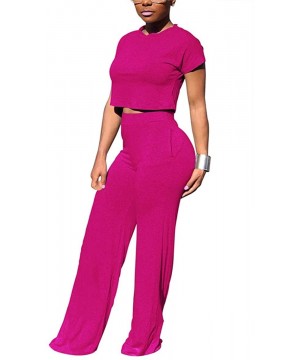 Women's Casual 2 Piece Outfits Jogging Suits Crop Top & Wide Leg Long Pants Tracksuit With Pockets - A-rose - CC18SN25632 $20...