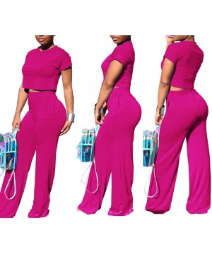 Women's Casual 2 Piece Outfits Jogging Suits Crop Top & Wide Leg Long Pants Tracksuit With Pockets - A-rose - CC18SN25632 $20...