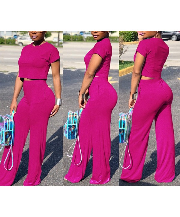 Women's Casual 2 Piece Outfits Jogging Suits Crop Top & Wide Leg Long Pants Tracksuit With Pockets - A-rose - CC18SN25632 $20...