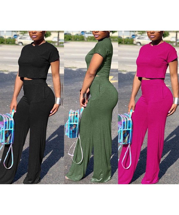 Women's Casual 2 Piece Outfits Jogging Suits Crop Top & Wide Leg Long Pants Tracksuit With Pockets - A-rose - CC18SN25632 $20...