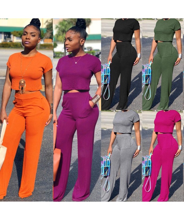 Women's Casual 2 Piece Outfits Jogging Suits Crop Top & Wide Leg Long Pants Tracksuit With Pockets - A-rose - CC18SN25632 $20...