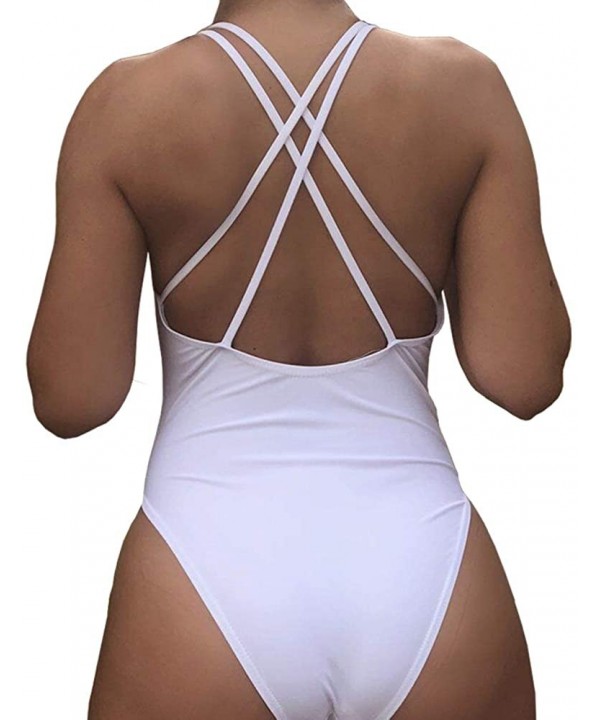 Letter Print Vintage Stappy Cross Back Birde One Piece Swimsuit High Leg Swimwear Bathing Suit - Bride-white-bk - CL18NN2TDC9...