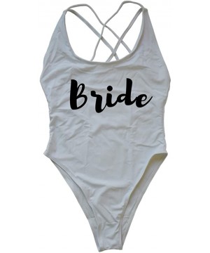 Letter Print Vintage Stappy Cross Back Birde One Piece Swimsuit High Leg Swimwear Bathing Suit - Bride-white-bk - CL18NN2TDC9...