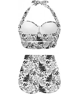 Womens Halter Retro Tropical Leaves Summer Pattern SwimsuitsTwo Piece High Waisted Bikini - Black/White - C4196N76ZIN $37.33-...