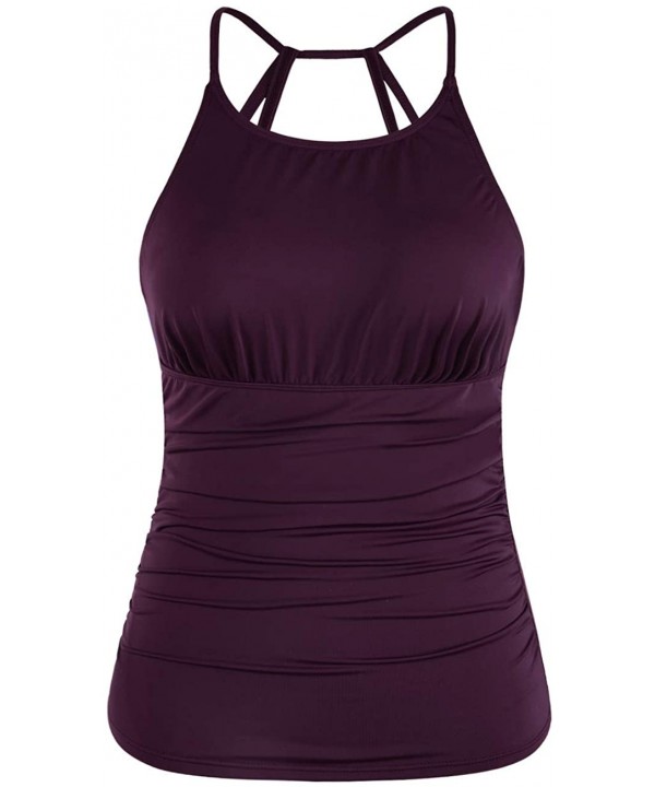 Women's Tankini Top Strappy Back Bathing Suit Slimming Control Swimsuits Top Ruched Swimwear Top Only - Burgundy - C61947T7K5...