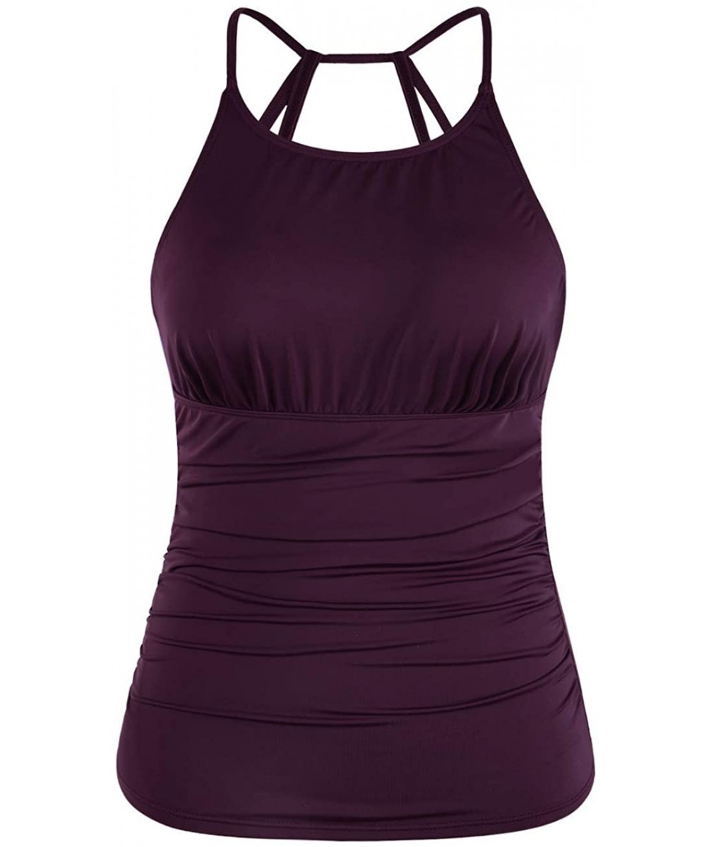 Women's Tankini Top Strappy Back Bathing Suit Slimming Control Swimsuits Top Ruched Swimwear Top Only - Burgundy - C61947T7K5...