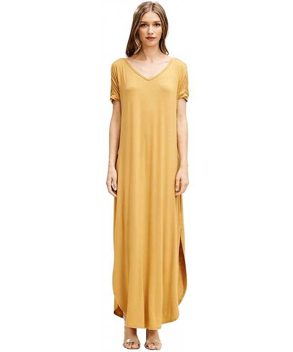 Women's Long Split Maxi Dress Casual Loose V Neck Short Sleeve Beach with Pockets - Bronze - CL18DSSZ2KH $28.56-Cover-Ups