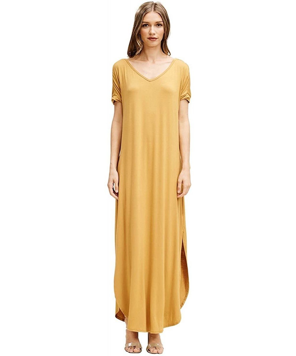 Women's Long Split Maxi Dress Casual Loose V Neck Short Sleeve Beach with Pockets - Bronze - CL18DSSZ2KH $28.56-Cover-Ups