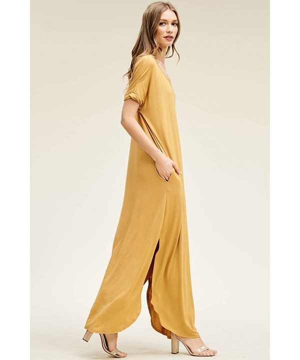 Women's Long Split Maxi Dress Casual Loose V Neck Short Sleeve Beach with Pockets - Bronze - CL18DSSZ2KH $28.56-Cover-Ups