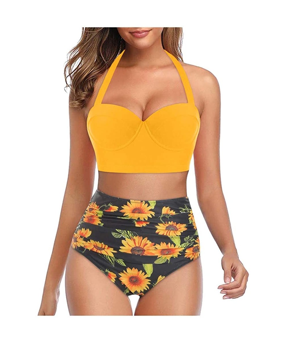 2020 Women Padded Push Up Bikini Set Floral Halter High Waisted Two Piece Beachewear Swimsuit Bathing Suit S 5XL Yellow - CK1...