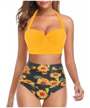 2020 Women Padded Push Up Bikini Set Floral Halter High Waisted Two Piece Beachewear Swimsuit Bathing Suit S 5XL Yellow - CK1...