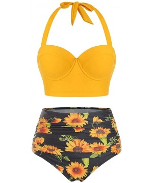 2020 Women Padded Push Up Bikini Set Floral Halter High Waisted Two Piece Beachewear Swimsuit Bathing Suit S 5XL Yellow - CK1...