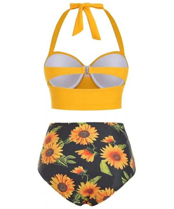 2020 Women Padded Push Up Bikini Set Floral Halter High Waisted Two Piece Beachewear Swimsuit Bathing Suit S 5XL Yellow - CK1...