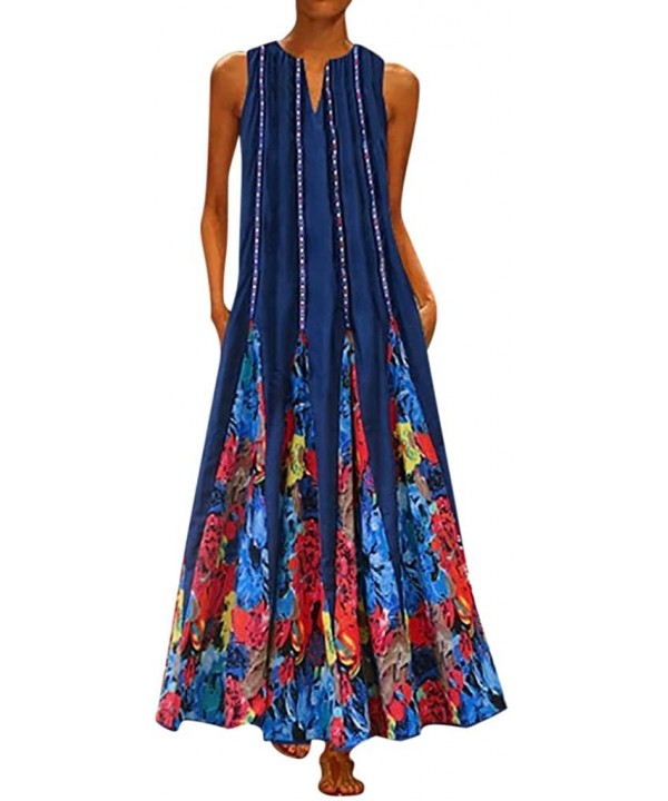 Dresses for Women Work Casual Long Maxi Dress Plus Size Daily Sleeveless Vintage Bohemian Print V Neck Dresses Blue - C919DOD...