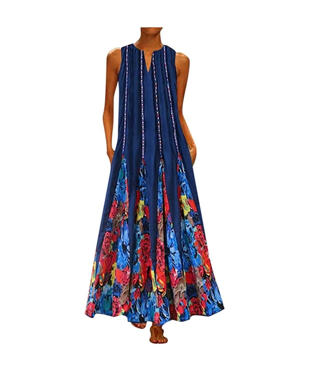 Dresses for Women Work Casual Long Maxi Dress Plus Size Daily Sleeveless Vintage Bohemian Print V Neck Dresses Blue - C919DOD...