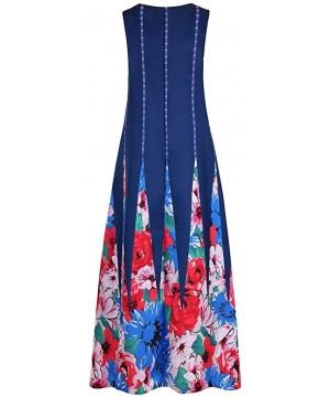 Dresses for Women Work Casual Long Maxi Dress Plus Size Daily Sleeveless Vintage Bohemian Print V Neck Dresses Blue - C919DOD...