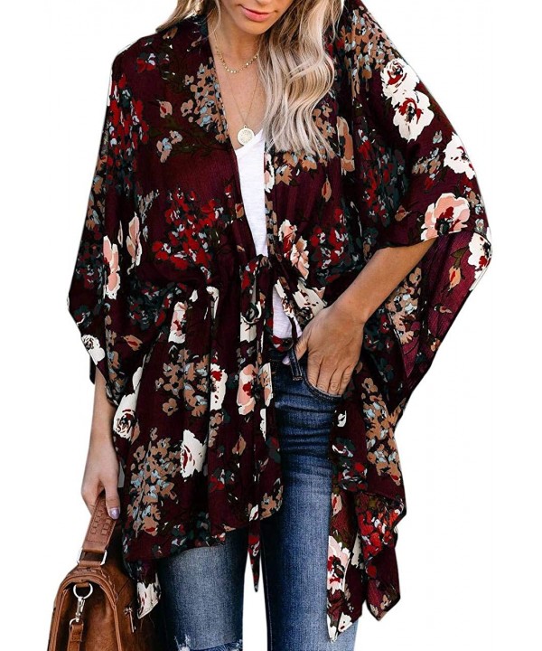 Women 3/4 Sleeve Floral Chiffon Kimino Cardigans Summer Casual Loose Flowy Blouse Beach Cover Up with Belt Wine Red - CY194MQ...