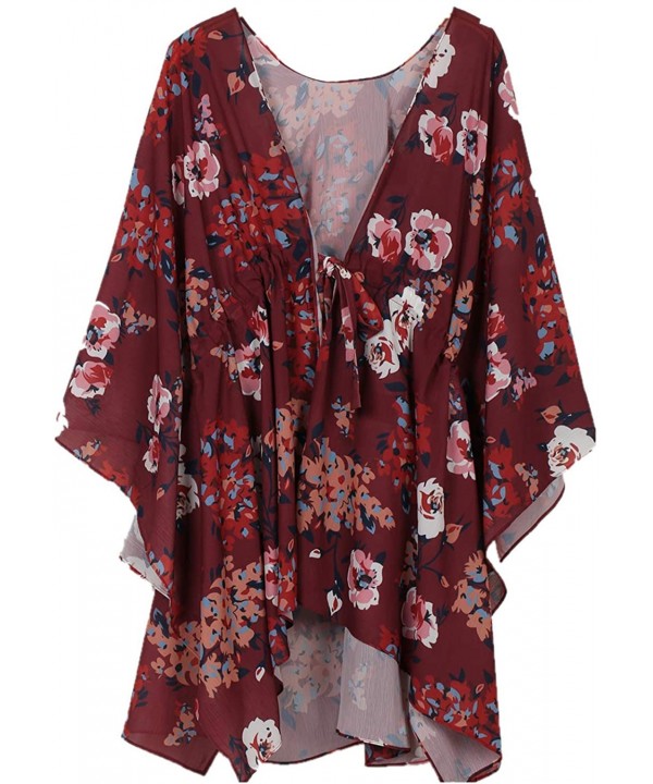 Women 3/4 Sleeve Floral Chiffon Kimino Cardigans Summer Casual Loose Flowy Blouse Beach Cover Up with Belt Wine Red - CY194MQ...