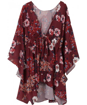 Women 3/4 Sleeve Floral Chiffon Kimino Cardigans Summer Casual Loose Flowy Blouse Beach Cover Up with Belt Wine Red - CY194MQ...