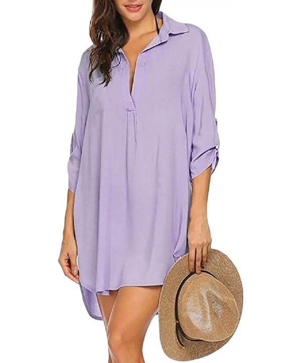 Womens Beach Half Sleeve Cover up UV Protective V-Neck Shirt - Light Purple - C718SSOQIH7 $32.21-Cover-Ups