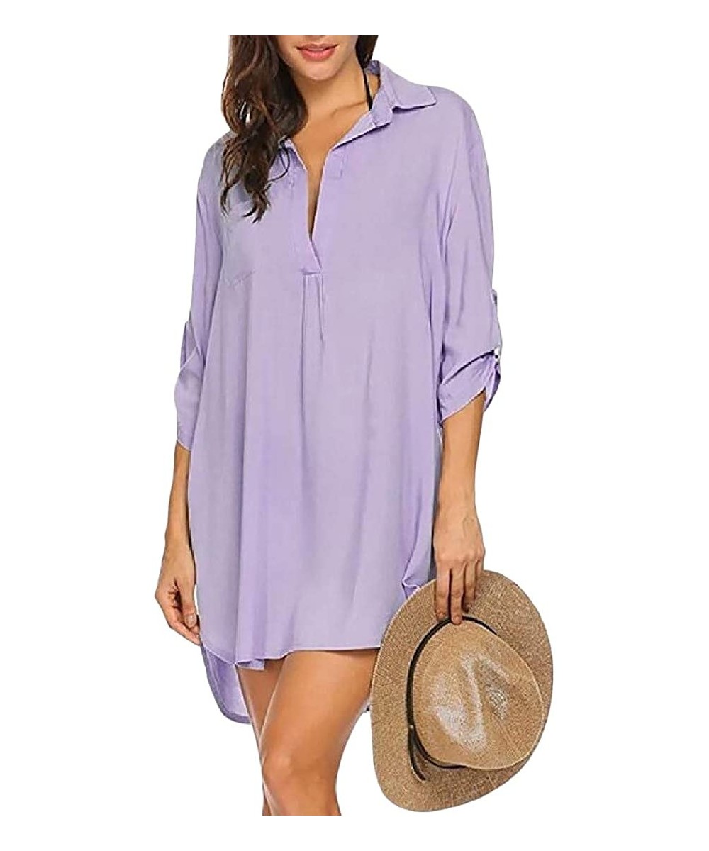 Womens Beach Half Sleeve Cover up UV Protective V-Neck Shirt - Light Purple - C718SSOQIH7 $32.21-Cover-Ups