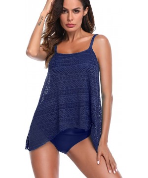 Womens Swimsuits Layered Lace Tankini Top Bikini Swimwear Brief Tummy Control - Navy&blue - CX18KWO4Z8W $28.20-Tankinis