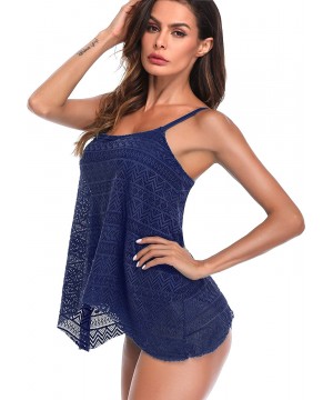 Womens Swimsuits Layered Lace Tankini Top Bikini Swimwear Brief Tummy Control - Navy&blue - CX18KWO4Z8W $28.20-Tankinis