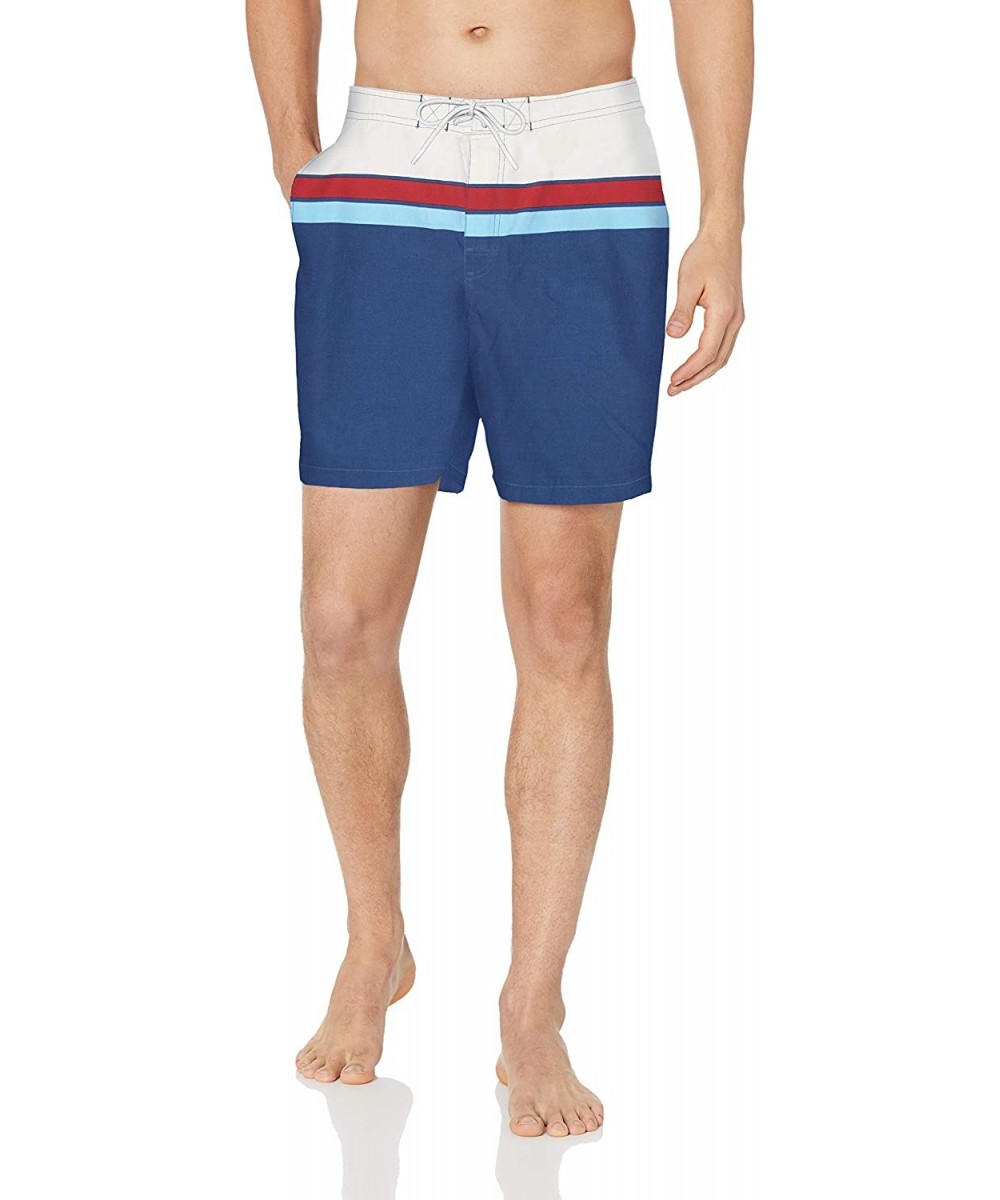 Men's 7" Inseam Tropical Hawaiian Print Cotton Nylon Swim Board Short - Red/White/Blue Stripe - CI18INMGCNT $10.61-Board Shorts