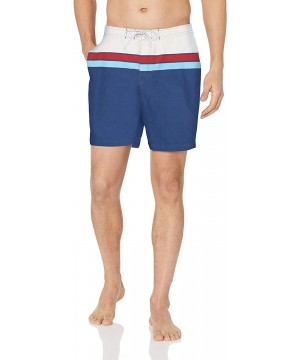 Men's 7" Inseam Tropical Hawaiian Print Cotton Nylon Swim Board Short - Red/White/Blue Stripe - CI18INMGCNT $10.61-Board Shorts