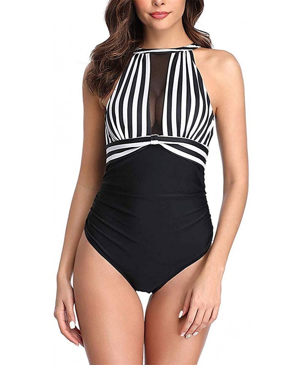 Womens One Piece Swimsuits High Neck Halter Mesh Ruched Monokini Swimwear Tummy Control Bathing Suits - Stripe - C719688ZSKS ...