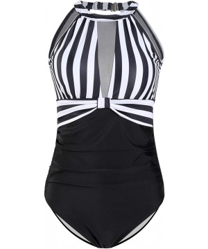 Womens One Piece Swimsuits High Neck Halter Mesh Ruched Monokini Swimwear Tummy Control Bathing Suits - Stripe - C719688ZSKS ...