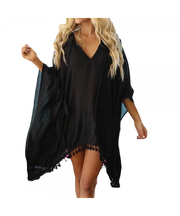 Women Fashion Chiffon Hooded Coat Tops Suit Bikini Swimwear Beach Smock Chiffon Tassel Hooded Vneck Blouse Black - CF199Q4MG5...