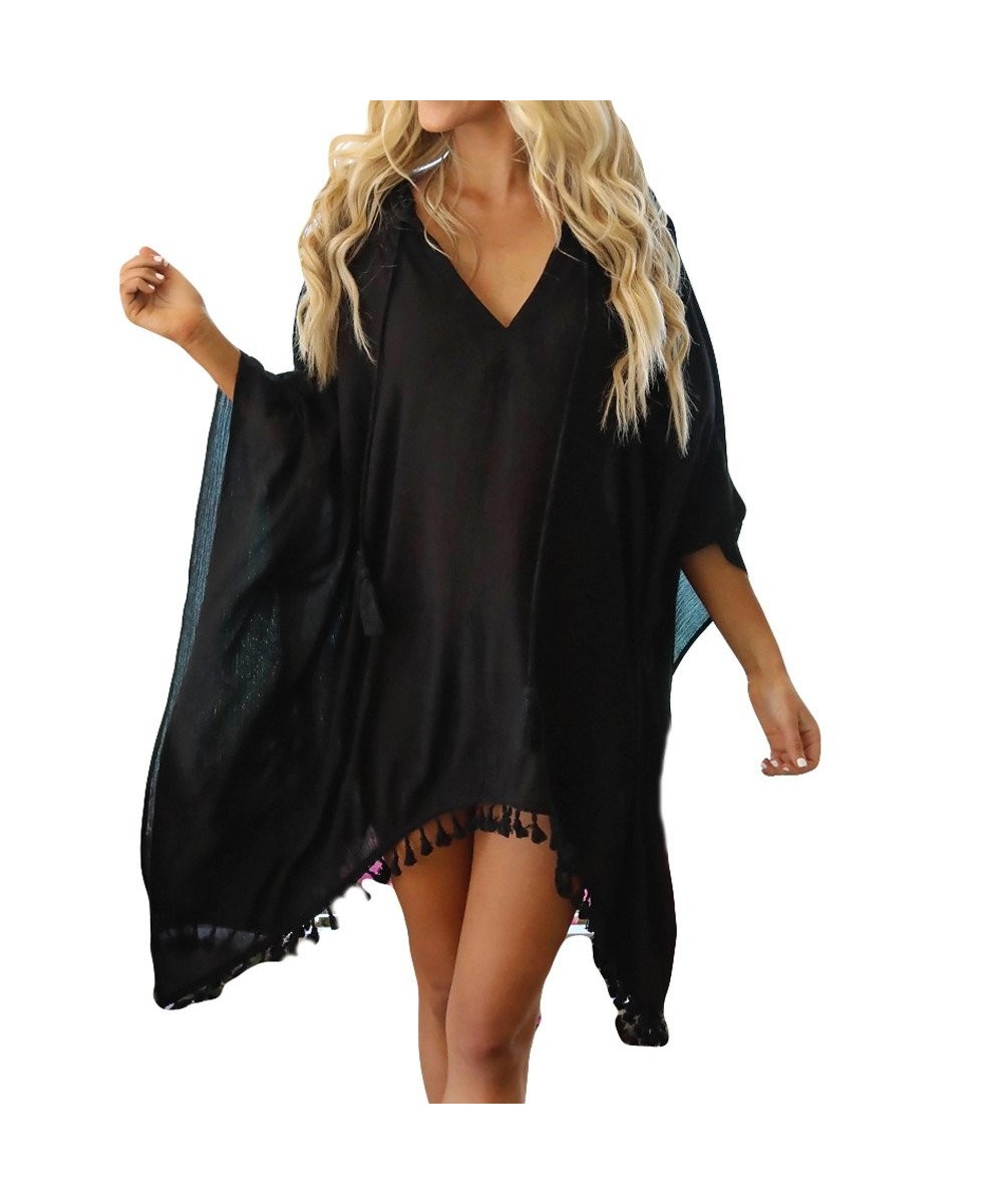 Women Fashion Chiffon Hooded Coat Tops Suit Bikini Swimwear Beach Smock Chiffon Tassel Hooded Vneck Blouse Black - CF199Q4MG5...