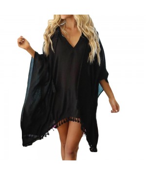 Women Fashion Chiffon Hooded Coat Tops Suit Bikini Swimwear Beach Smock Chiffon Tassel Hooded Vneck Blouse Black - CF199Q4MG5...