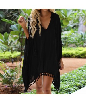 Women Fashion Chiffon Hooded Coat Tops Suit Bikini Swimwear Beach Smock Chiffon Tassel Hooded Vneck Blouse Black - CF199Q4MG5...