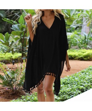 Women Fashion Chiffon Hooded Coat Tops Suit Bikini Swimwear Beach Smock Chiffon Tassel Hooded Vneck Blouse Black - CF199Q4MG5...