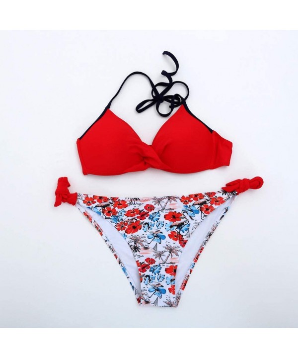 Women's Swimsuit Halter Halter Strap Solid Print Bikini Set(C-Red-XL) - C-red - C2196U5O6HI $14.47-Sets