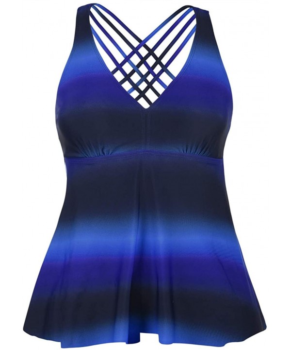 Women's Tankini Swimsuits Cross Back Flowy Swim Tops Modest Swimwear - Blue&black - C418RXCUGS7 $24.96-Tankinis