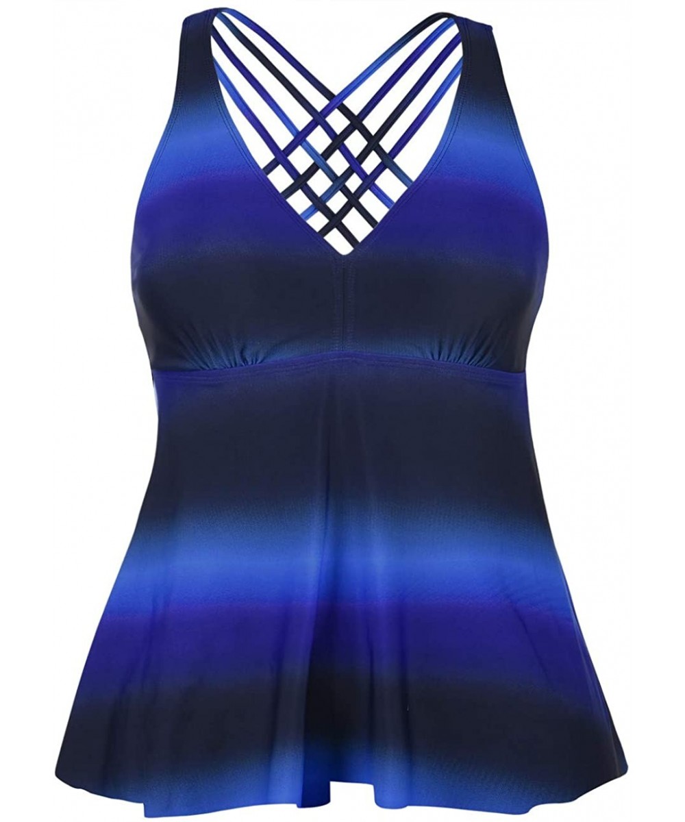 Women's Tankini Swimsuits Cross Back Flowy Swim Tops Modest Swimwear - Blue&black - C418RXCUGS7 $24.96-Tankinis